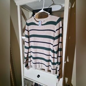 Zenana Outfitters Beige, Dark Green & Black Striped Crewneck Sweater